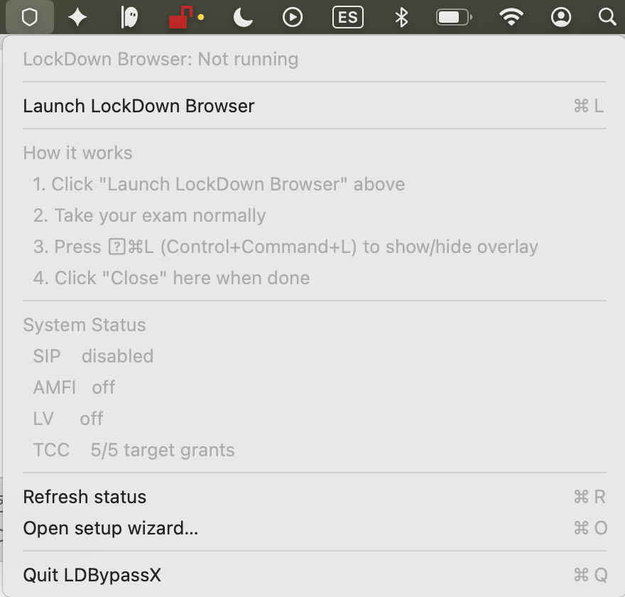 LDBypassX menu bar showing Launch LockDown Browser option
